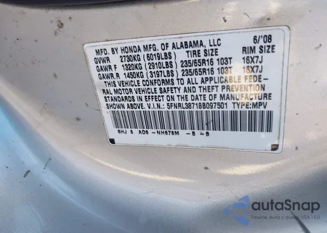 2008 Honda Odyssey Ex-L из США, поврежденный, VIN 5FNRL38718B097501